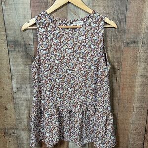 Floral Peplum Sleeveless Top Cotton Bleu Size Small NWT Brown New